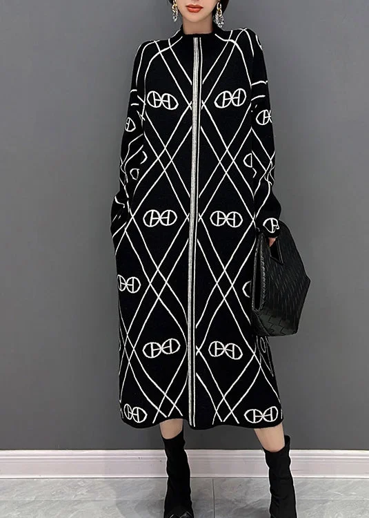 Unique Black Stand Collar White Striped Patchwork Knit Long Dress Fall Tunics Gym athletic