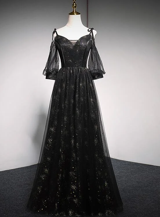 Black Straps Tulle Long Party Dress with Sleeves Evening Dress, Black A-line Prom Dress Party Dresses Tunics Bestseller popular