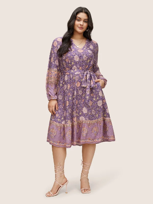 Boho Print Belted Notched Lantern Sleeve Dress Tunics Luxurious high-end
