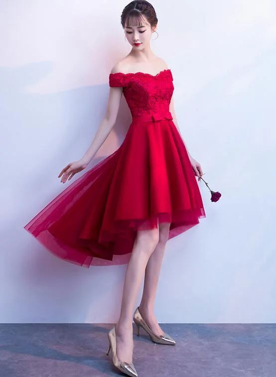 Lovely Red Off Shoulder Tulle High Low Party Dress, Red Homecoming Dress Tunics Fleece cozy