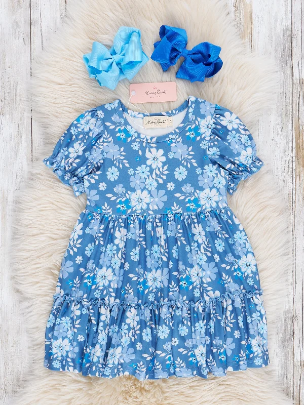 Sweet Blue Floral Tiered Ruffle Dress sweetheart Neckline Romantic