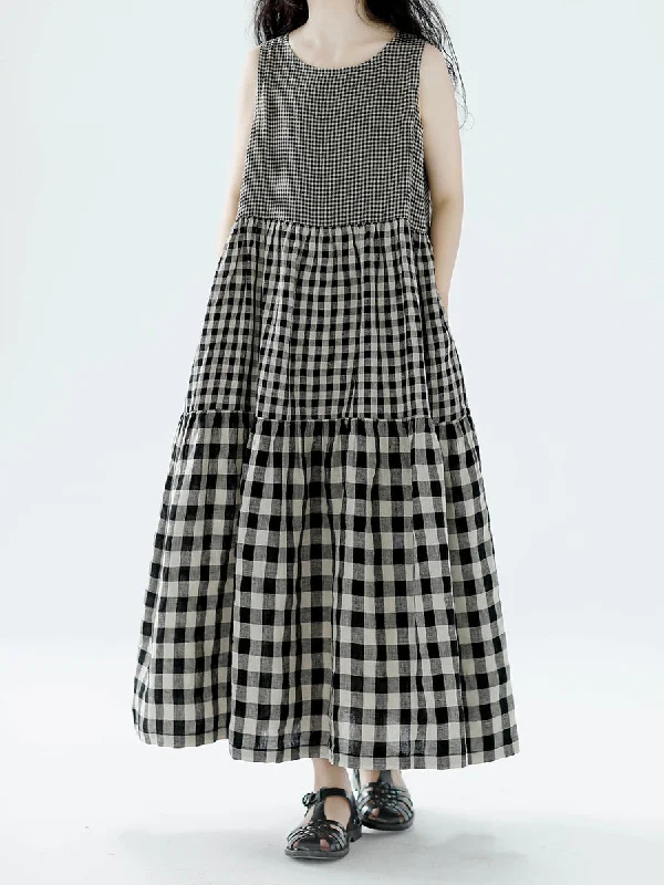 Women Spring Artsy Plaid 100%Linen Vest Dress Tunics Favorite customer