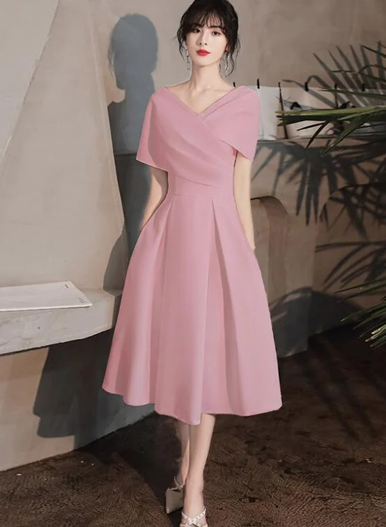 Pink Tea Length Wedding Party Dresses, Pink Bridesmaid Dresses Tunics Plaid country
