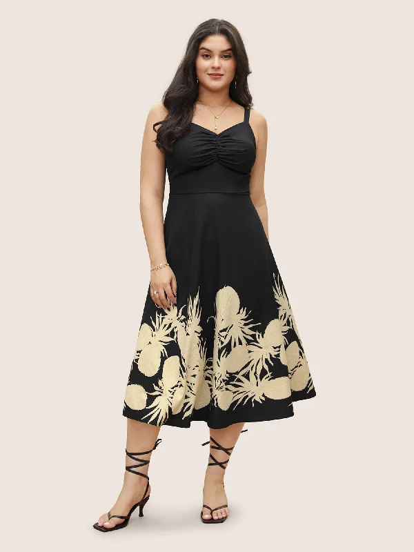 Floral Print Ruched Pocket Cami Dress Tunics Velvet soft