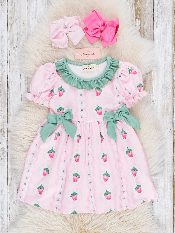 Pink & Green Strawberry Party Ruffle Dress Tunics Business professional