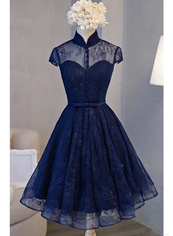 Adorable Navy Blue High Neckline Party Dress , Wedding Party Dresses Tunics Hiking breathable