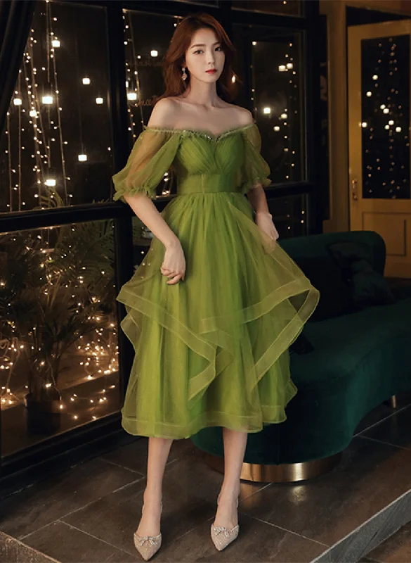 Green Short Sleeves Tulle Tea Length Wedding Party Dress, Green Prom Dress Turtleneck Neckline Stylish