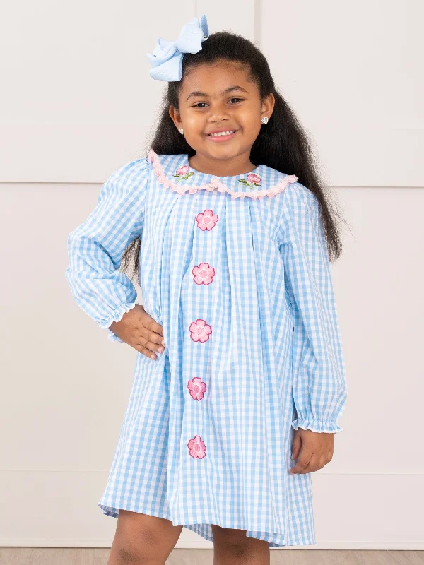 Blue Gingham Embroidered Daisies Dress Tunics Occasion special
