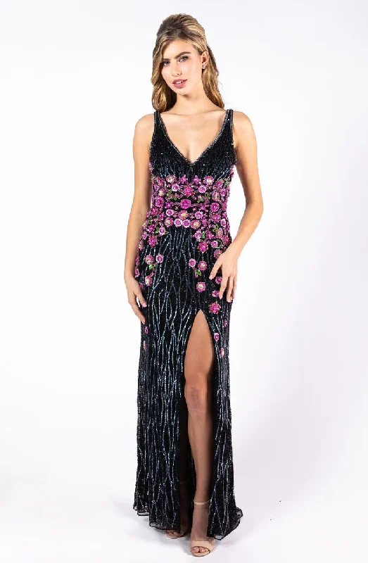 Primavera Couture 3238 Size 6 Black Floral Sequin Fitted Formal Evening Dress Prom Tunics Print Colorful