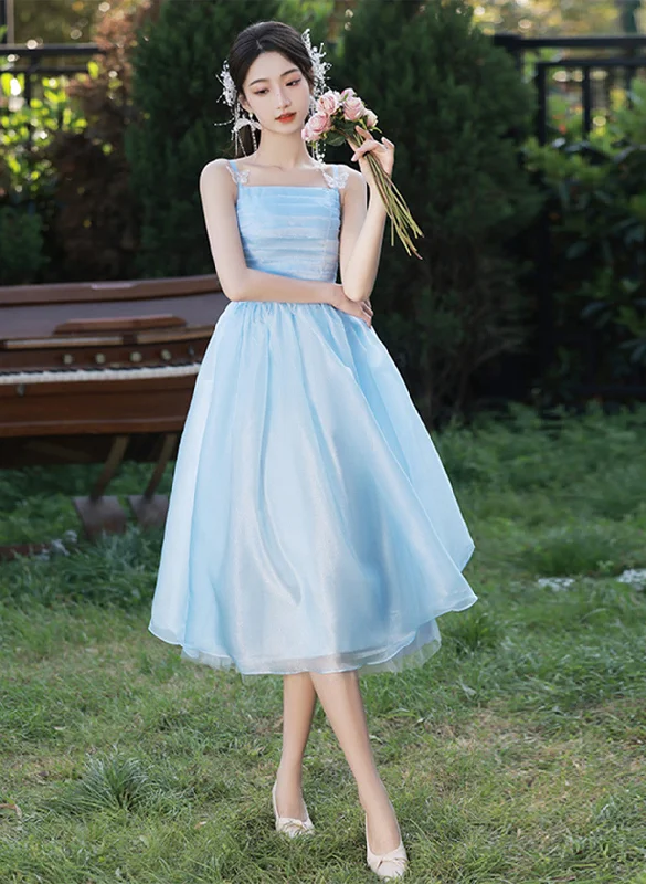 Light Blue Straps Organza Short Party Dress, Light Blue Homecoming Dress Off-the-shoulder Chic Trendy