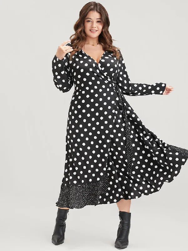 Polka Dot Surplice Neck Tie Side Pocket Ruffle Hem Dress Tunics Fashionable trendy