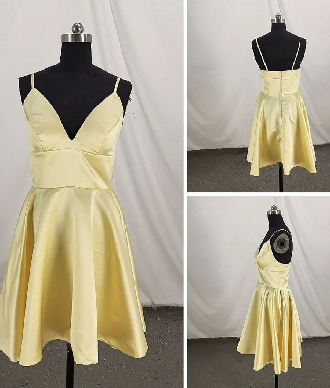 Cute Satin Straps Knee Length Party Dress, Light Yellow Homecoming Dress Tunics Business professional