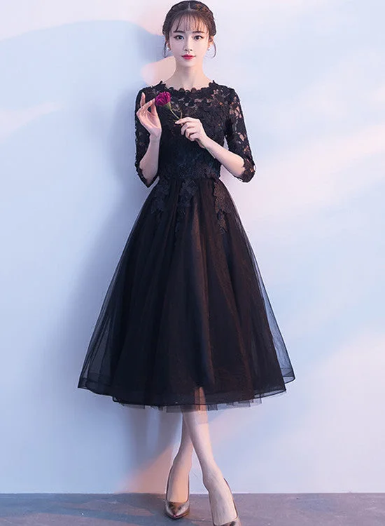 Beautiful Black Tulle Tea Length Party Dress, Black Bridesmaid Dress Tunics Floral girly