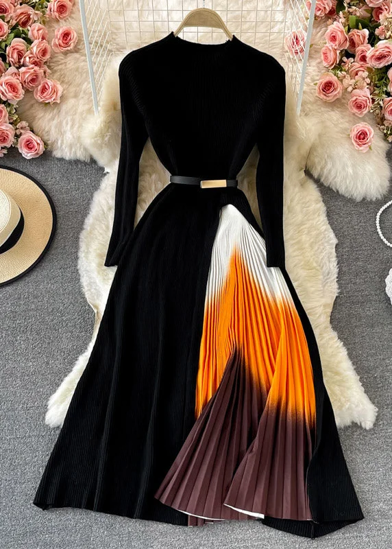 Simple Black Stand Collar Wrinkled Patchwork Sashes Knit Long Dress Spring Tunics Silk luxurious