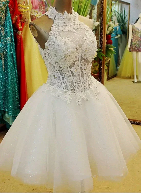 Cute Halter White  Lace Flower Short Tulle Party Dress, White Formal Dresses Tunics Cozy soft