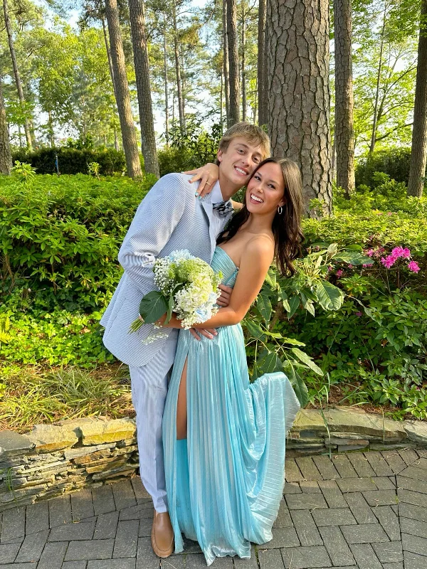 Light Blue Strapless A-Line Satin Long Party Dress Cute Graduation Dress, DP4692 Pencil Length Work
