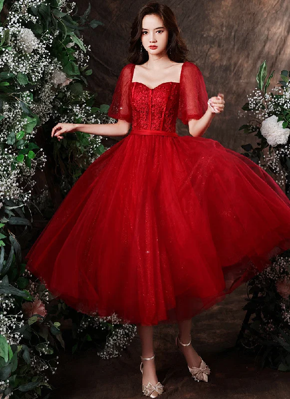 Wine Red Tulle Short Sleeves Tea Length Party Dress with Lace, Dark Red Formal Dresses Tunics stripes playful