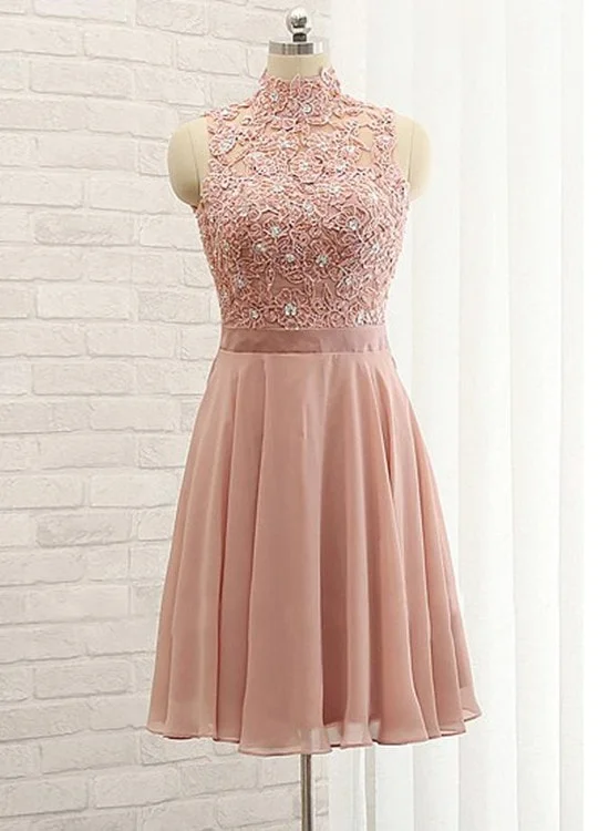 Beautiful Short Chiffon and Lace High Neckline Bridesmaid Dress, Lovely Party Dress Tunics Ceremony elegant