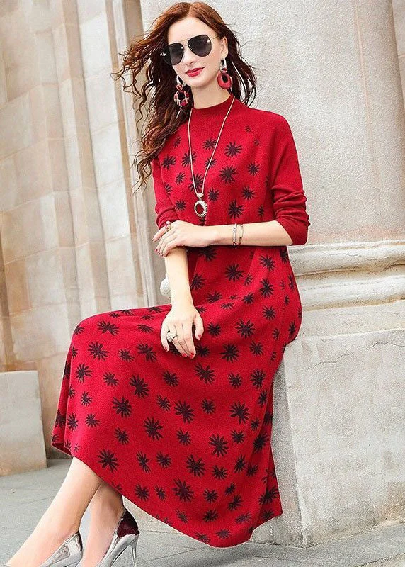 Modern Red High Neck Print Exra Large Hem Fine Knitted Long Dress Long Sleeve Turtleneck Warm Winter
