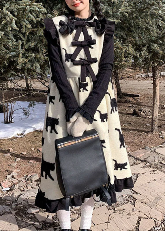 Classy Beige O-Neck Bow Cats Print Wrinkled Ruffled Patchwork Woolen Long Dress Fall Casual Short Summer