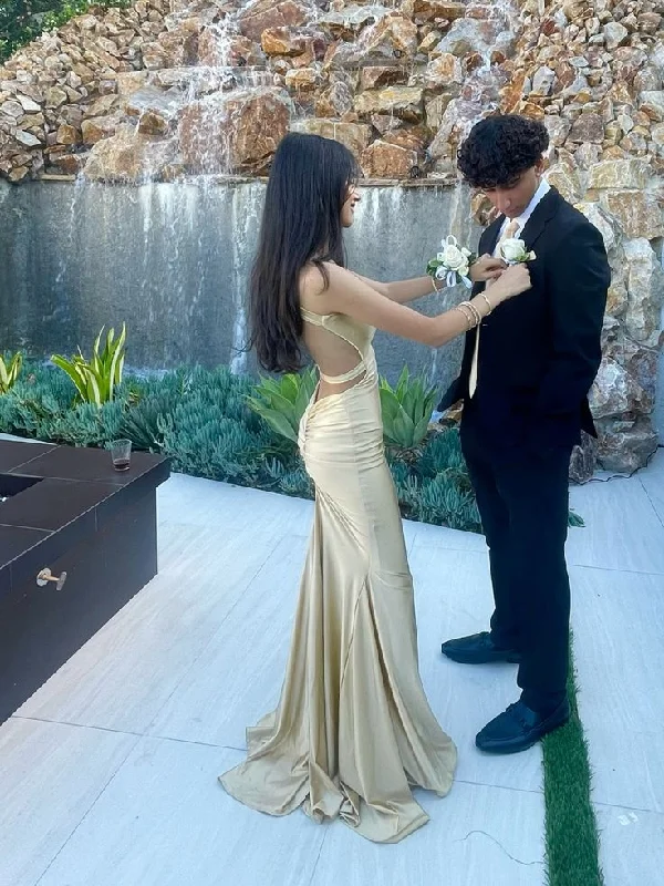 Champagne Straps Mermaid Satin Long Formal Prom Dress Evening Party Dress, DP4694 Peplum Ruffle Cocktail