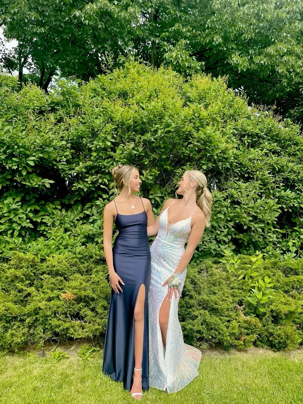 Navy Blue Straps Sheath Satin Split Long Party Dress Wedding Guest Dress, DP4747 Tunics New arrival