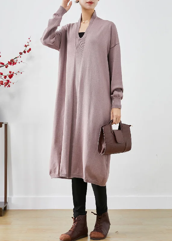 DIY Light Purple V Neck Knit Long Dresses Fall Tunics Hiking breathable