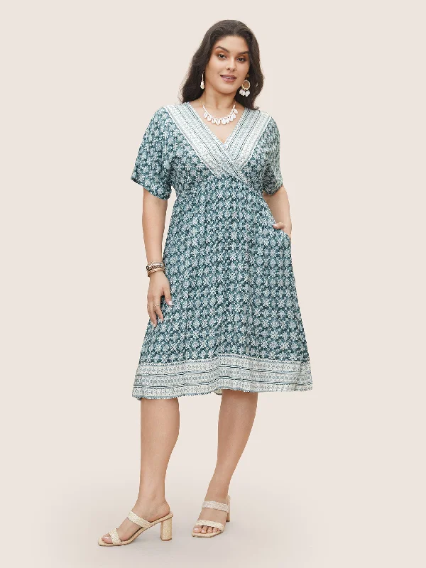 Rayon Ditsy Floral Overlap Collar Pocket Dress Tunics Silk luxurious