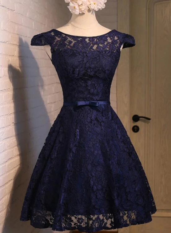 Beautiful Lace Navy Blue Short Party Dress, Lace Bridesmaid Dress Tunics Denim casual