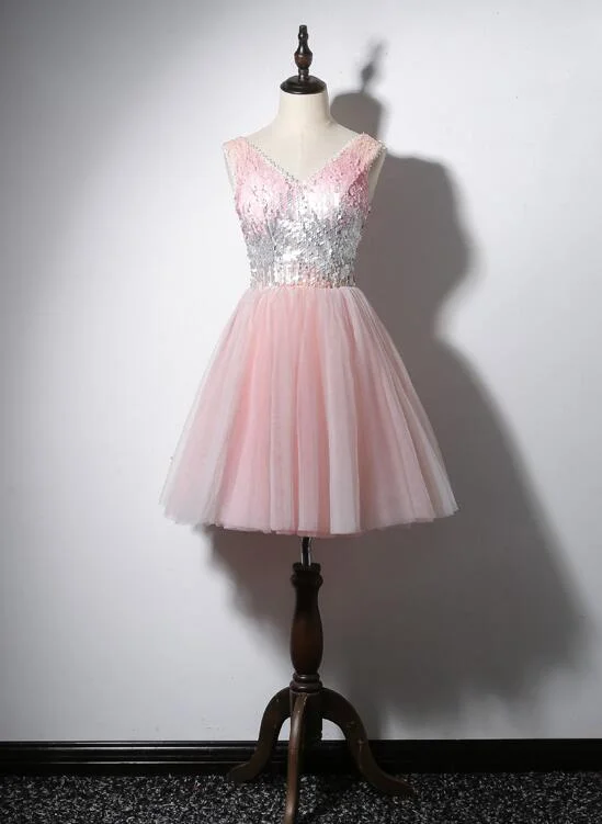 Lovely Pink V-neckline Tulle and Sequins Party Dress, Pink Prom Dress Tunics Recommended stylist