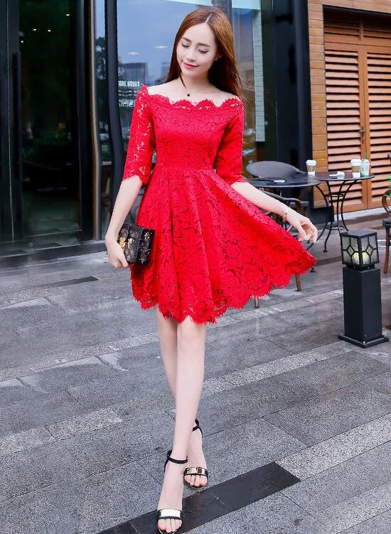 Lovely Red Lace Short Sleeves Party Dress, Chic Red Off Shoulder Homecoming Dress Tunics Spring floral