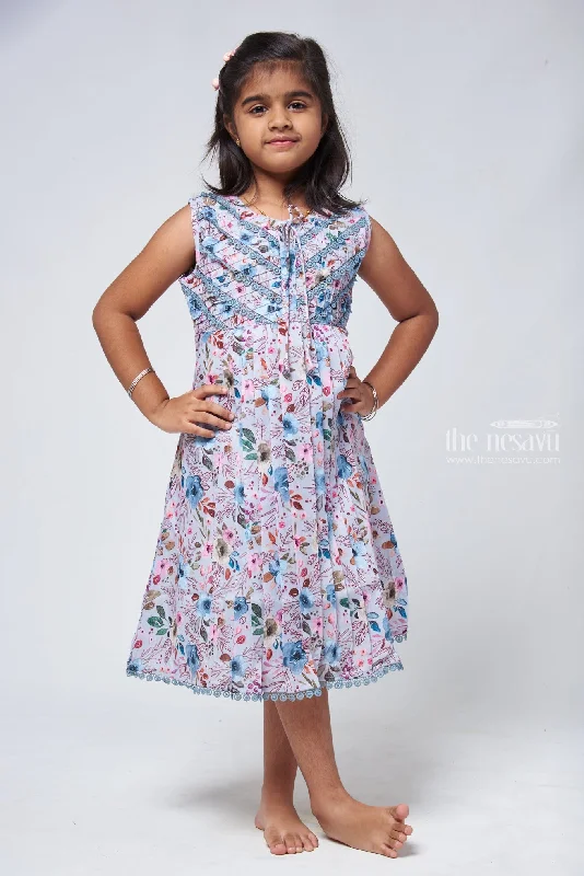 Chic Blue Floral Cotton Frock - Trendy Girls Dress Tunics Evening elegant