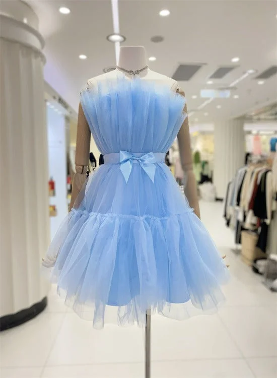 Cute Short Blue Tulle Party Dress with Bow, Lovely Formal Dresses Homecoming Dress Tunics Yoga stretchy