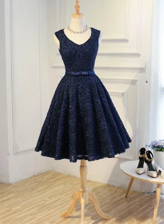 Navy Blue Lace Vintage Knee Length Bridesmaid Dress, Charming Lace Party Dress Tunics Plaid country