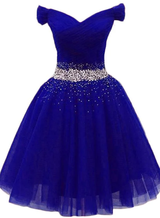 Charming Royal Blue Tulle Party Dress, Beaded Short Homecoming Dress Tunics Seasonal trendy