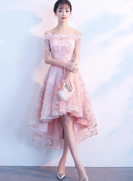 Beautiful Pink High Low Lace Cute Party Dress, Homecoming Dress Tunics Favorite customer