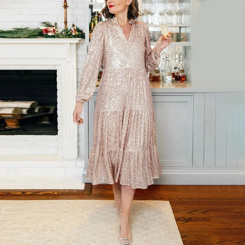 Champagne Sequin Loose V-Neck Long Sleeve Pleated Midi Elegant A-Line Banquet Party Dress Cowl Neckline Elegant