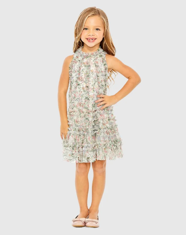 Girls Mesh Floral Print A-Line Dress Tunics Mesh breathable