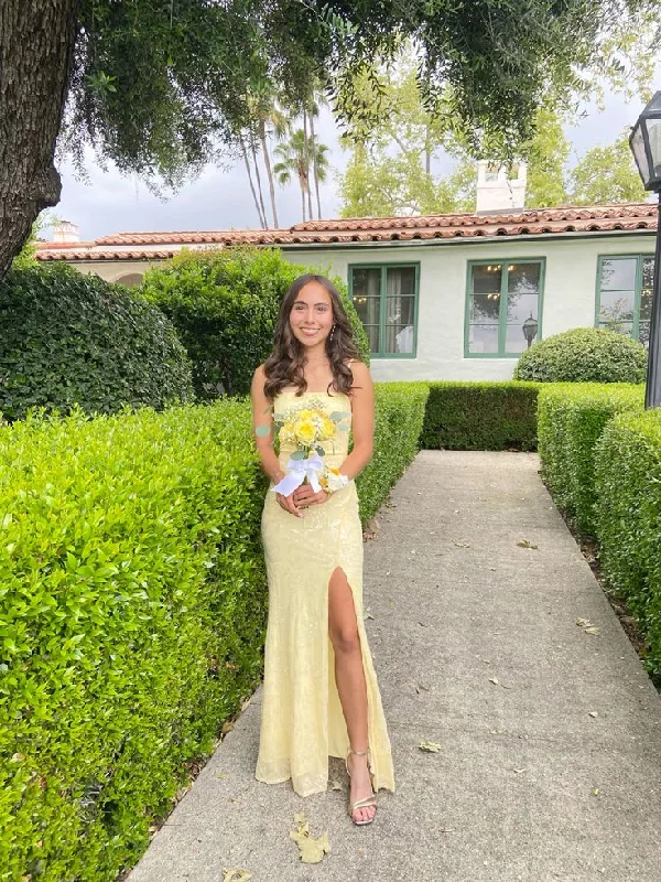 Light Yellow Straps Mermaid Split Long Prom Dress Evening Party Dress, DP4674 Turtleneck Neckline Stylish