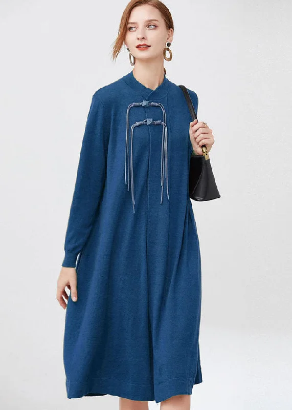 Women Blue Stand Collar Wool Knit Long Dresses Long Sleeve Tunics Evening elegant