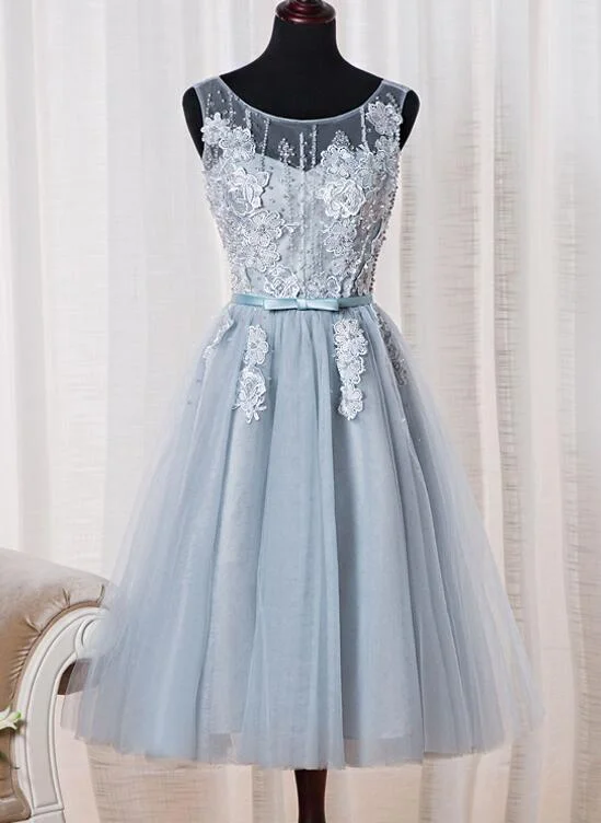 Lovely Light Blue Tulle Homecoming Dress, Cute Tea Length Party Dress Chiffon Maxi Beach