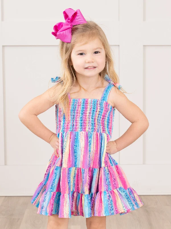 Smocked Rainbow Streamers Tiered Ruffle Dress Tunics Short Trendy