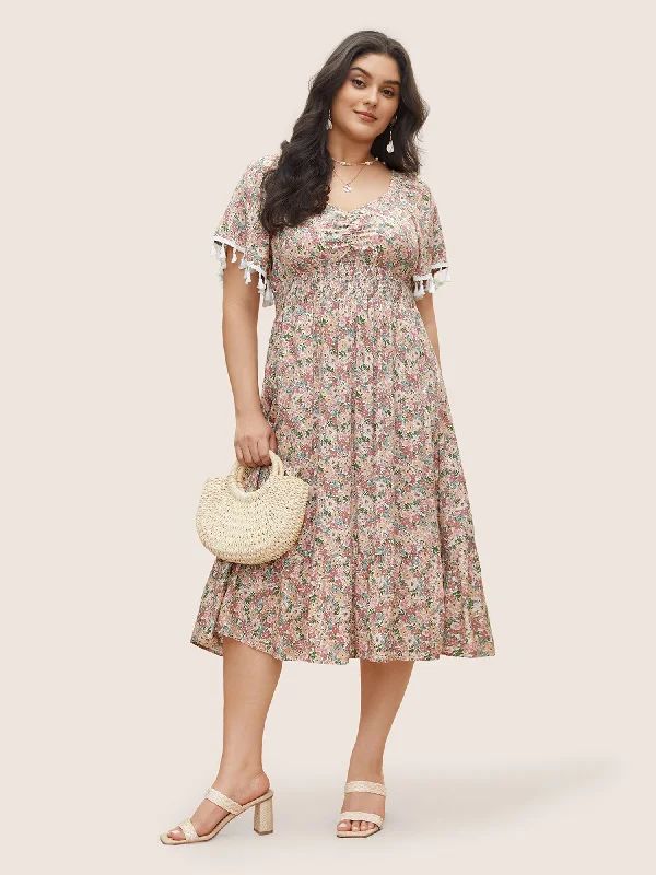 Ditsy Floral Tassels Gathered Shirred Dress Tunics Formal black