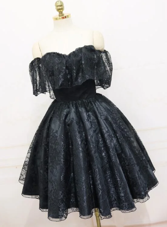 Lovely Black Off Shoulder Lace Short Party Dress, Black Homecoming Dress Tunics Prom sequined