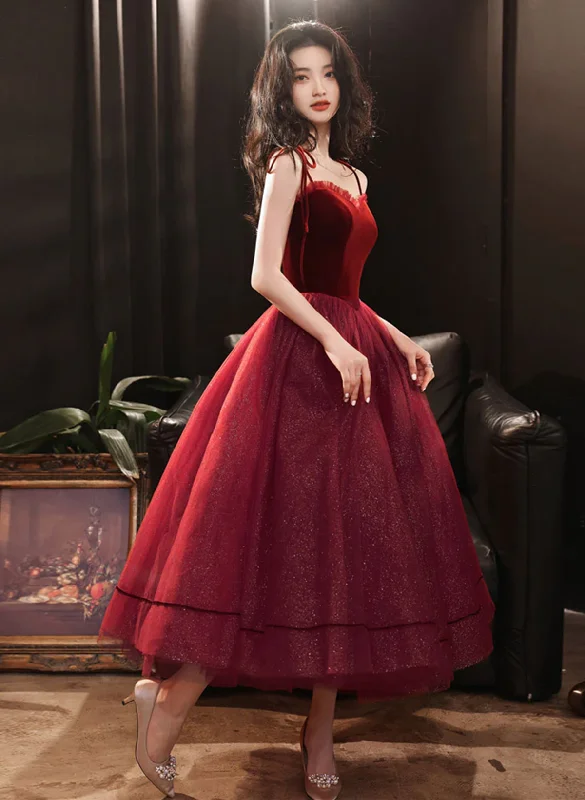 Cute Wine Red Velvet and Tulle Homecoming Dress, Wine Red Straps Party Dress Tunics Fall fleece