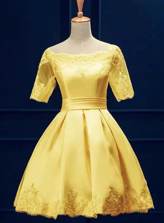 Cute Short Sleeves Satin Knee Length Party Dress, Short Homecoming Dress Tunics Chic fashionable