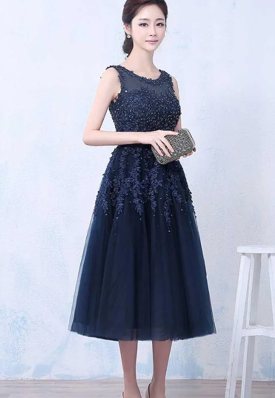 Elegant Vintage Style Tea Length Bridesmaid Dress, Navy Blue Party Dress Tunics Trendy modern