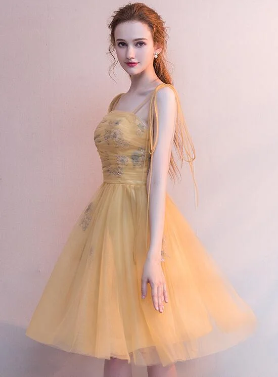 Beautiful Yellow Tulle with Lace Applique Short Party Dress, Yellow Homecoming Dresses Tunics Wedding white