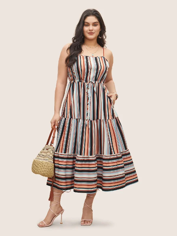 Color Striped Drawstring Ruffle Hem Dress Off-the-shoulder Chic Trendy