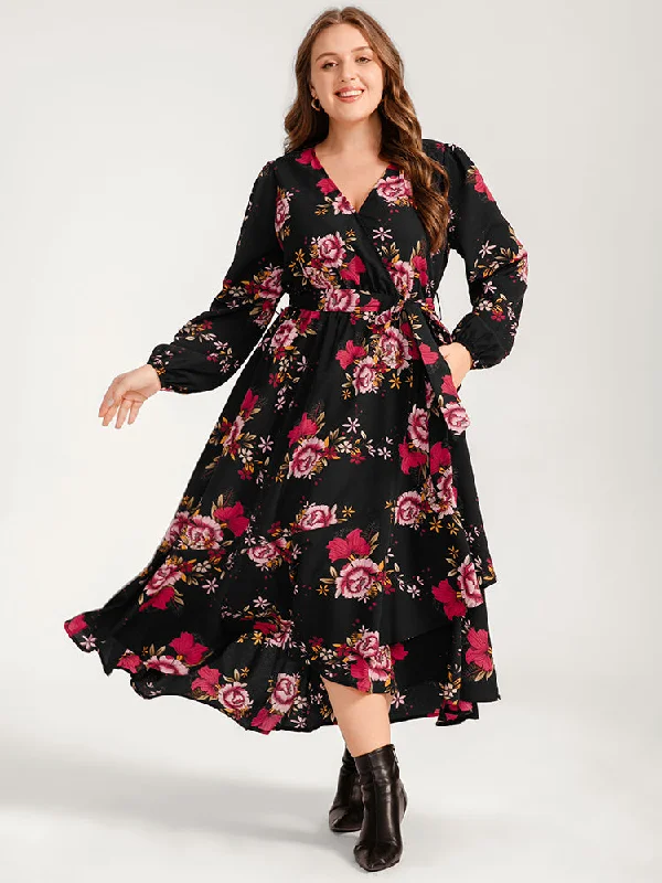 Floral Ruffle Lantern Sleeve Pocket Belted Asymmetrical Hem Dress Tunics Denim casual